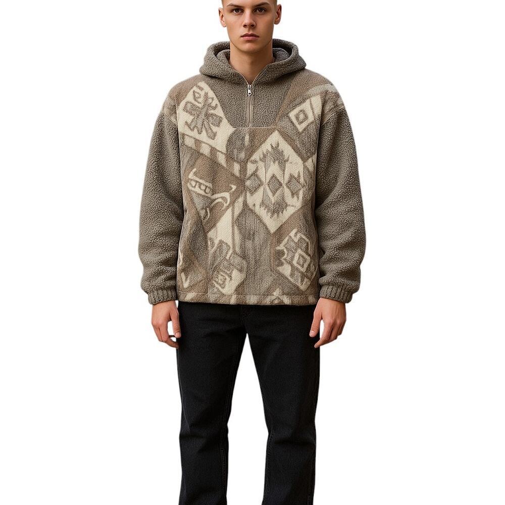 East West Sherpa Zip Jacket Size M Beige Gray Tribal Aztec Fleece Retro 90s